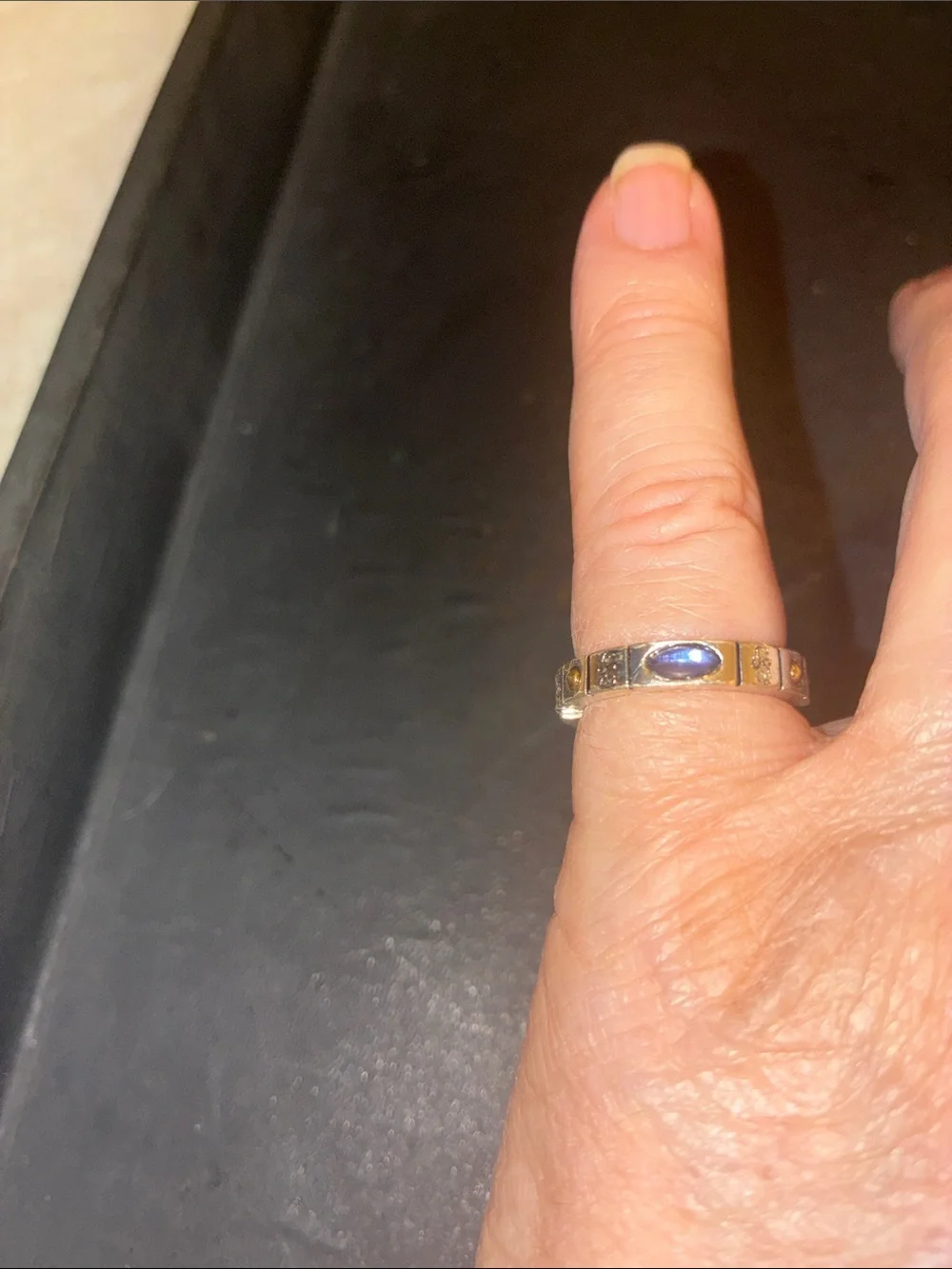 Gold-Tone Stretch Ring with Blue Cabochon Oval Stone